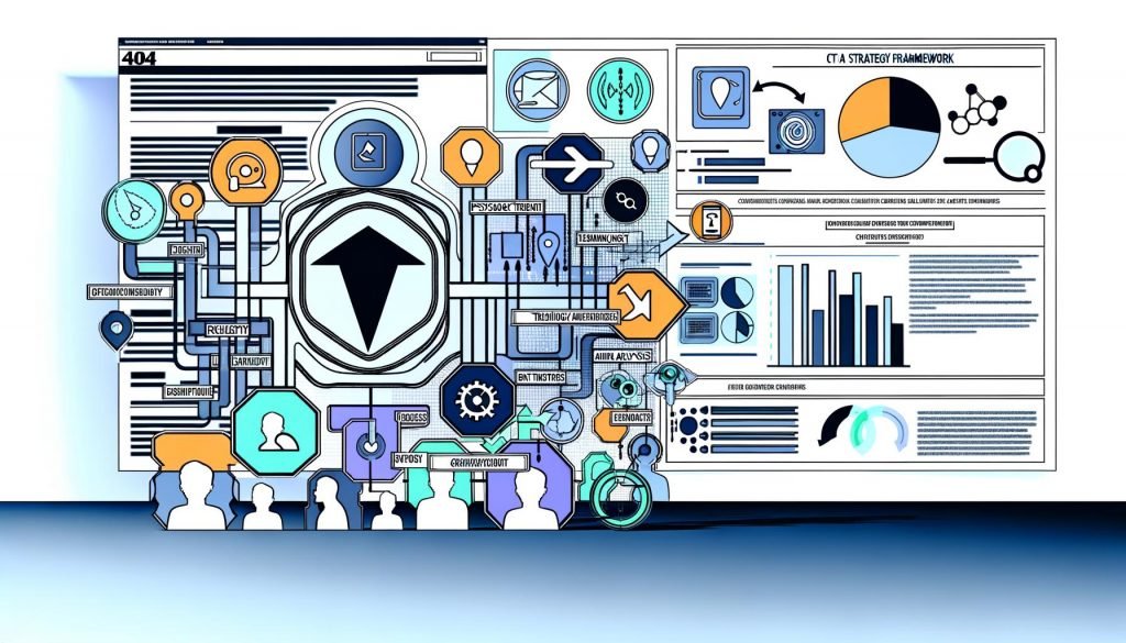 Stilisiertes Framework-Diagramm mit vernetzten CTA-Elementen und Conversion-Pfeil vor digitalen Website-Layouts in Blau, Weiß, Orange und Grün.