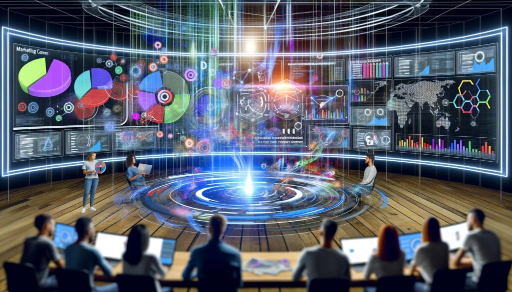 Futuristische Marketing-Kommandozentrale mit schwebenden Hologramm-Displays, jungen Marketers und Echtzeit-Datenvisualisierung von Zielgruppen und KI-Insights.