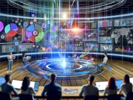 Futuristische Marketing-Kommandozentrale mit schwebenden Hologramm-Displays, jungen Marketers und Echtzeit-Datenvisualisierung von Zielgruppen und KI-Insights.