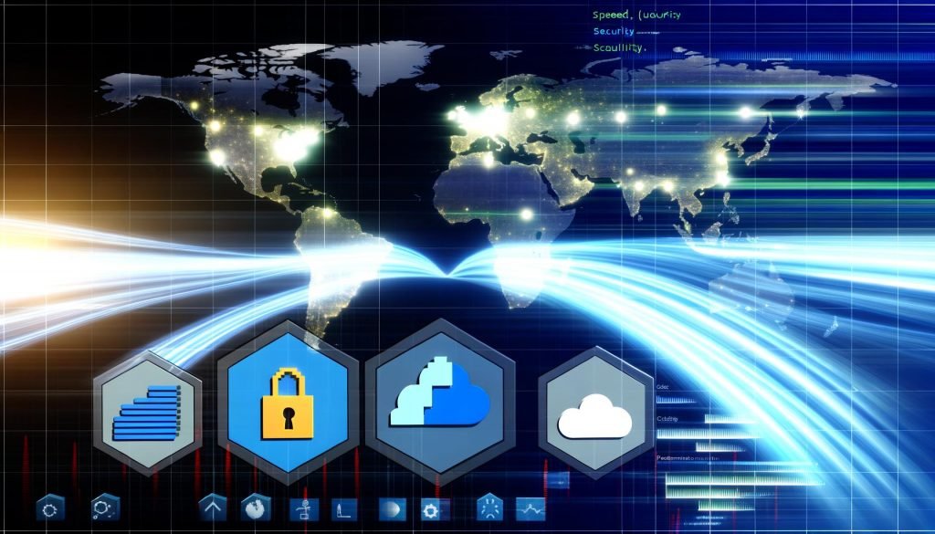 Dynamische Weltkarte mit Echtzeit-Netzwerkverbindungen, schwebenden Cloudflare Worker-Symbolen, sowie Icons für Geschwindigkeit, Sicherheit und Skalierung vor Monitoring-Widgets.