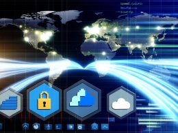 Dynamische Weltkarte mit Echtzeit-Netzwerkverbindungen, schwebenden Cloudflare Worker-Symbolen, sowie Icons für Geschwindigkeit, Sicherheit und Skalierung vor Monitoring-Widgets.