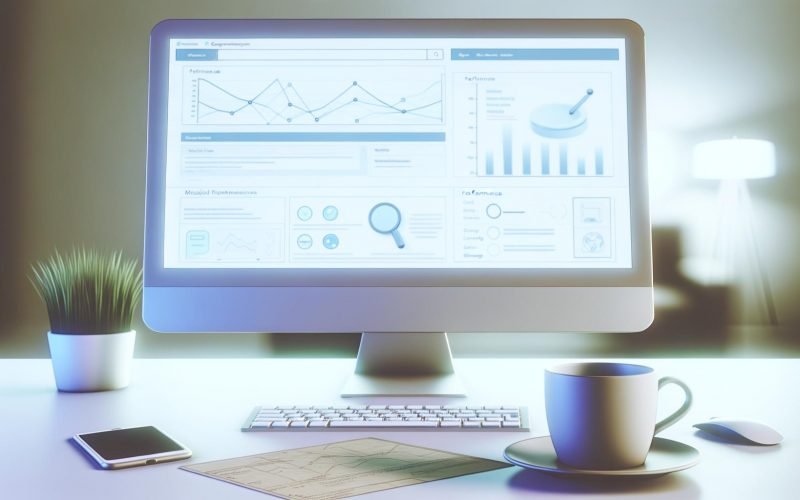 Minimalistischer Arbeitsplatz mit großem Monitor und der geöffneten Google Search Console, im Fokus Diagramme zu Klicks und Impressionen, daneben Kaffee-Tasse, Notizen und Smartphone.