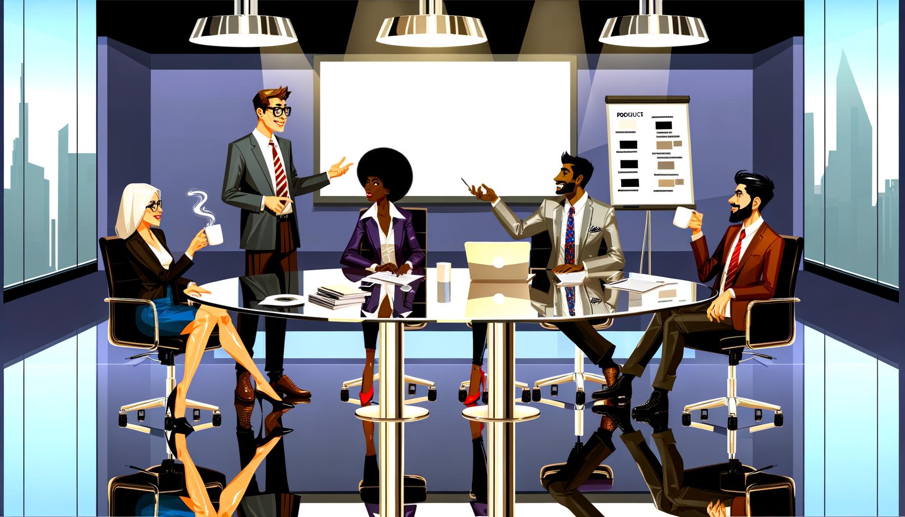 Illustration eines Business-Meetings mit vier Beratern und einem skeptischen Kunden in einem modernen Büro, mit PowerPoint-Präsentation und Konferenztisch.