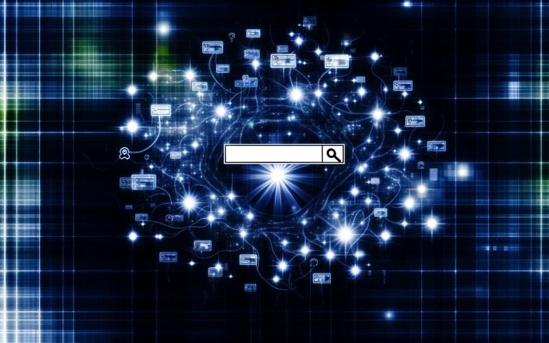 Futuristische, digitale Visualisierung einer Suchmaschinen-Zentrale als leuchtendes neuronales Netzwerk mit Icons von Google, Bing, DuckDuckGo und Yandex in matrixähnlicher Atmosphäre.