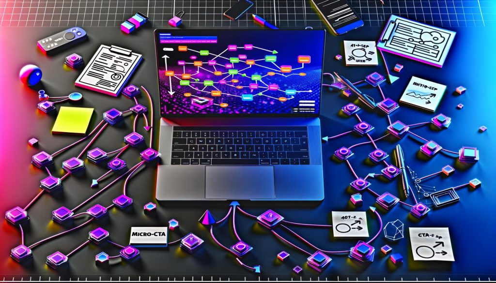 Obenansicht eines modernen digitalen Arbeitsplatzes mit Laptop und komplexem CTA-Flowchart, umgeben von Notizen, Wireframes, Datencharts und mobilen Endgeräten.