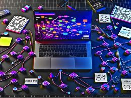 Obenansicht eines modernen digitalen Arbeitsplatzes mit Laptop und komplexem CTA-Flowchart, umgeben von Notizen, Wireframes, Datencharts und mobilen Endgeräten.