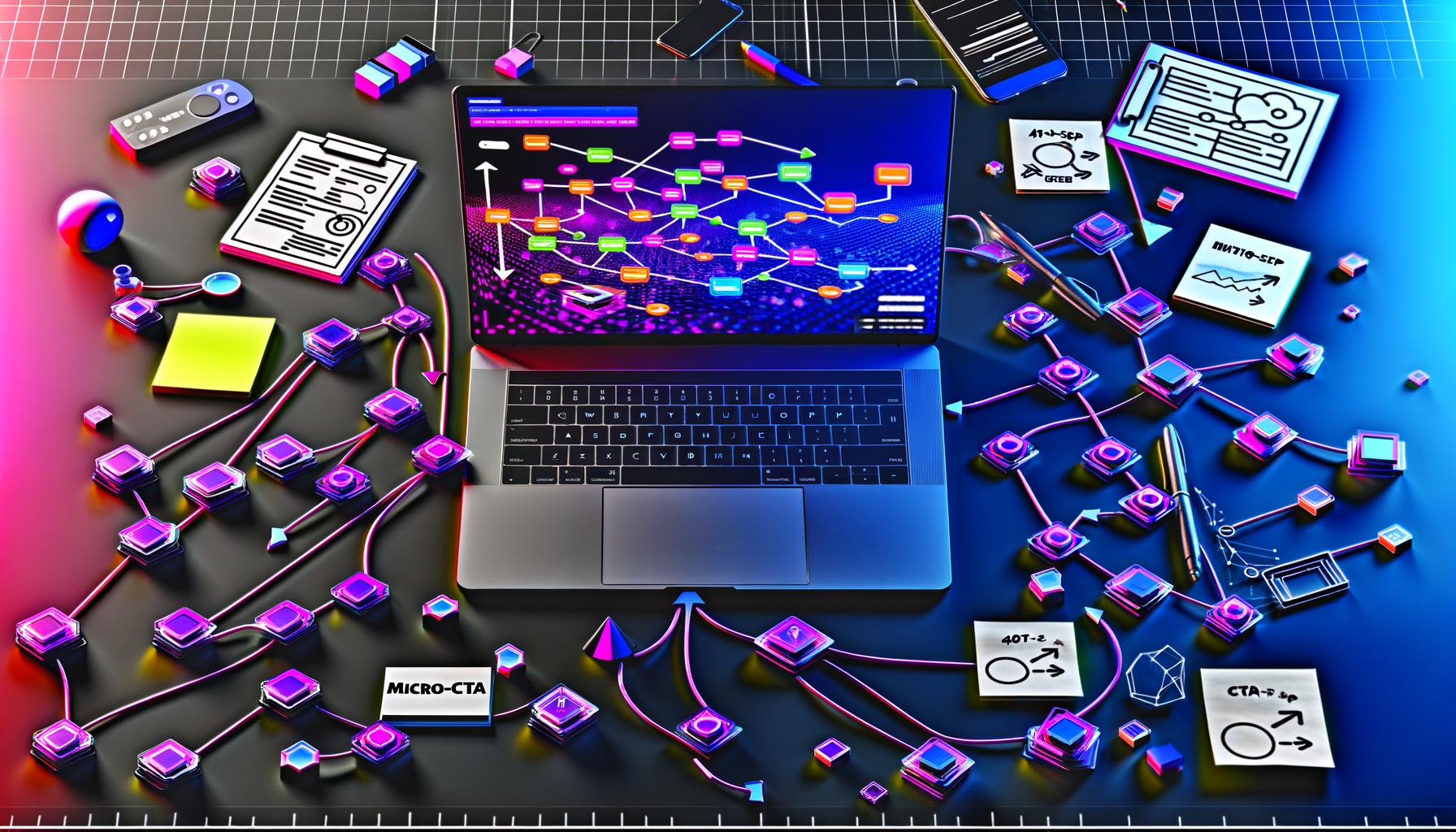 Obenansicht eines modernen digitalen Arbeitsplatzes mit Laptop und komplexem CTA-Flowchart, umgeben von Notizen, Wireframes, Datencharts und mobilen Endgeräten.