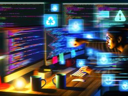 Entwickler debuggt nachts fokussiert einen Cloudflare Worker mit leuchtenden Monitoren, bunten Terminal-Stacktraces, Kaffeemarken und digitalen Symbolen für Logs, Alerts, Source Maps und Cloud-Infrastruktur.