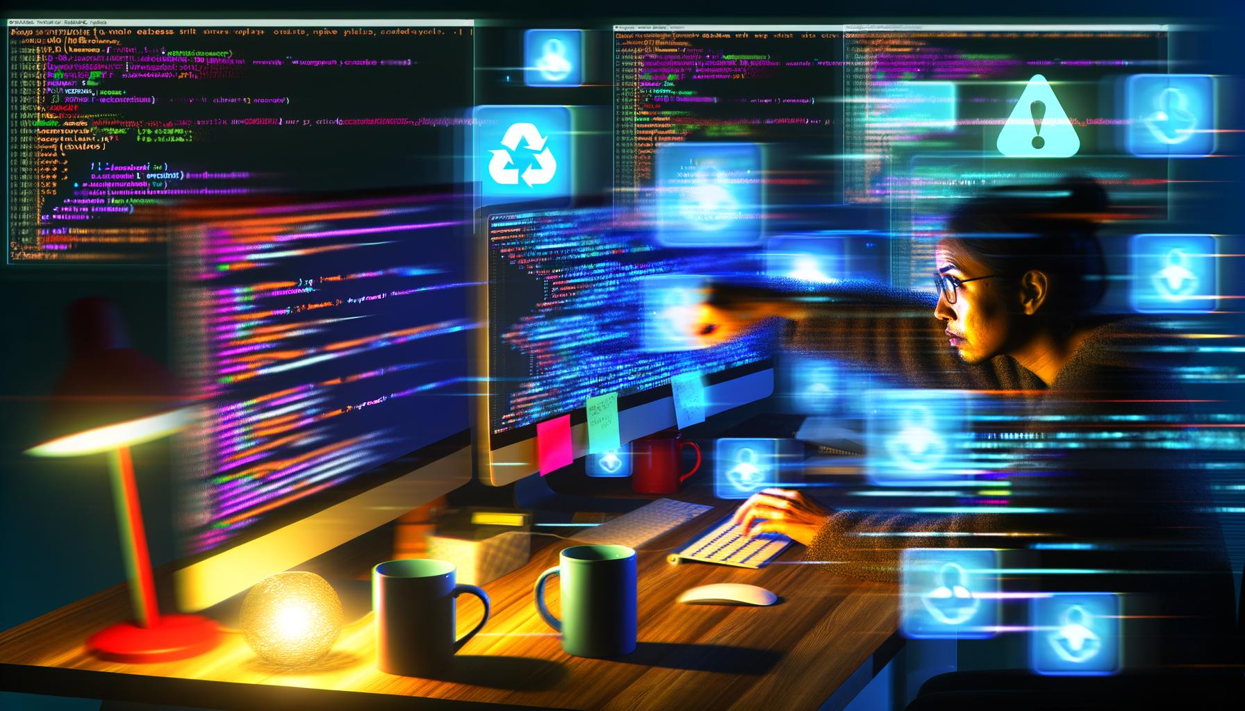 Entwickler debuggt nachts fokussiert einen Cloudflare Worker mit leuchtenden Monitoren, bunten Terminal-Stacktraces, Kaffeemarken und digitalen Symbolen für Logs, Alerts, Source Maps und Cloud-Infrastruktur.