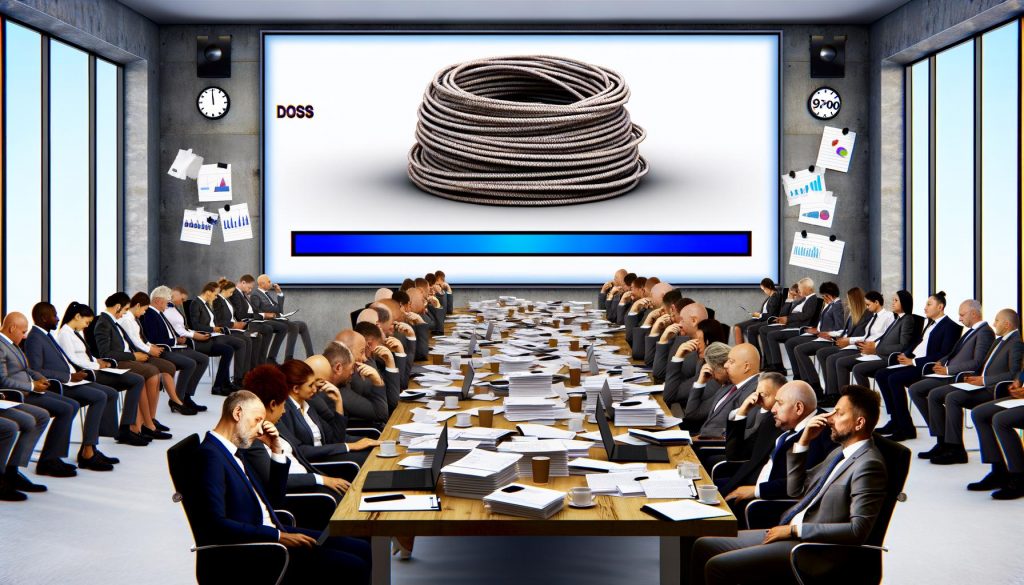 Geschäftspersonen sitzen erschöpft an einem Konferenztisch, blicken auf einen überladenen Bildschirm mit To-do-Liste und feststeckendem Fortschrittsbalken, umgeben von Papier und Kaffeebechern.