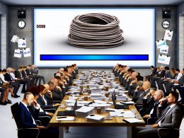 Geschäftspersonen sitzen erschöpft an einem Konferenztisch, blicken auf einen überladenen Bildschirm mit To-do-Liste und feststeckendem Fortschrittsbalken, umgeben von Papier und Kaffeebechern.