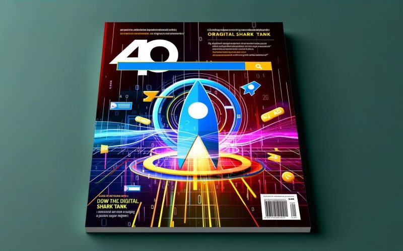 Stilisiertes Titelbild einer Suchmaschine mit farbigen Suchergebnissen, Anzeigen-Tag, schwebenden Keywords und Haifisch-Symbol im digitalen Datenstrom.