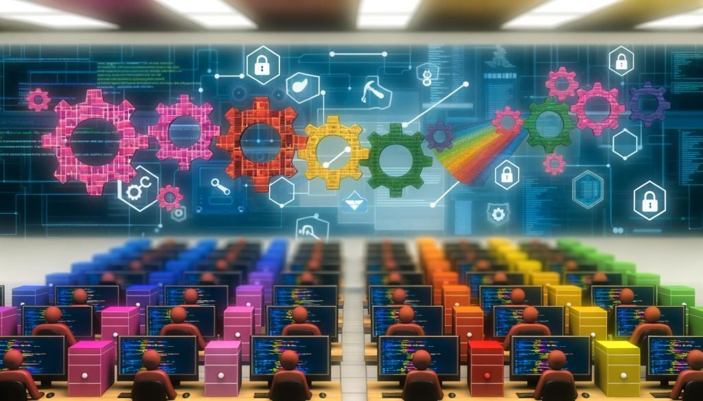 Abstrakte Darstellungen eines modernen Computerlabors mit CI/CD-Pipeline-Visualisierung, Infografiken zu Workflow-Komponenten, häufigen Fehlerquellen, einem Tool-Vergleich, Fokus auf Sicherheit, Schritt-für-Schritt-Anleitung sowie abschließendem Siegerpodest mit jubelnden Entwicklern. Alle Motive sind klar, dynamisch und technoid gestaltet.