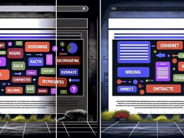 Split-Screen-Illustration einer Website: Links viele bunte Buttons und verwirrende CTAs, rechts klares, professionelles Design mit gut platzierten CTAs und starkem Kontrast, digitaler Riss trennt beide Seiten.