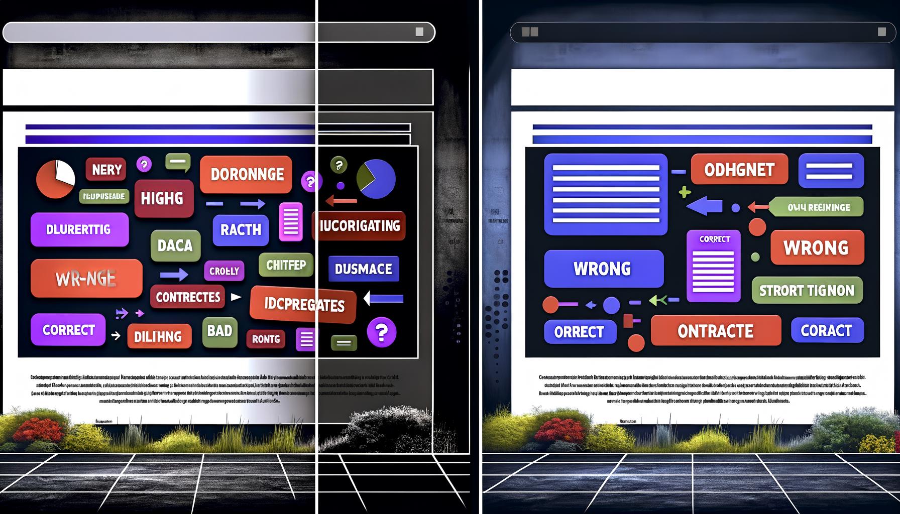 Split-Screen-Illustration einer Website: Links viele bunte Buttons und verwirrende CTAs, rechts klares, professionelles Design mit gut platzierten CTAs und starkem Kontrast, digitaler Riss trennt beide Seiten.