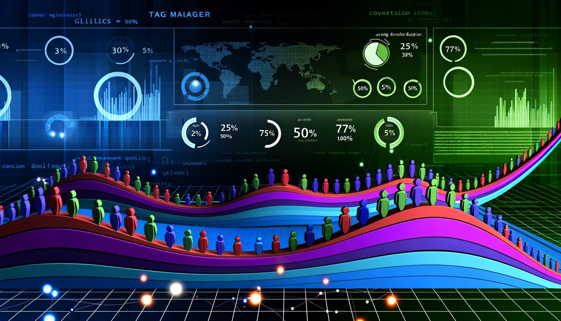 Split-Screen-Grafik mit einer Seite klassischer Webanalyse-Dashboards und einer Seite mit farbigem Scroll-Tiefen-Chart samt User-Avataren und digitalen Symbolen.