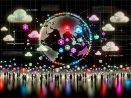 Dramatische digitale Landschaft mit geometrischen Cloud-Elementen, leuchtenden Linien und Cloudflare Worker Nodes an den Rändern einer Weltkarte; diverse Nutzer mit digitalen Geräten und schwebenden Code-Snippets symbolisieren schnelle, effiziente Web-Auslieferung.