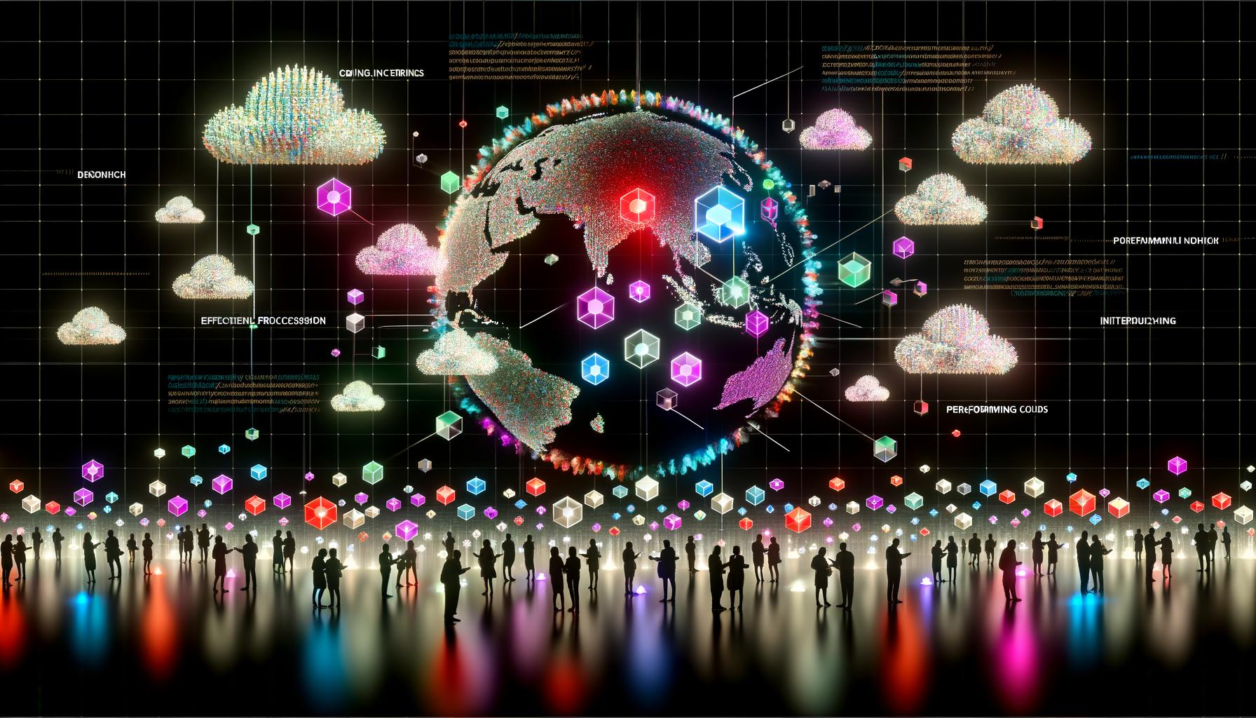 Dramatische digitale Landschaft mit geometrischen Cloud-Elementen, leuchtenden Linien und Cloudflare Worker Nodes an den Rändern einer Weltkarte; diverse Nutzer mit digitalen Geräten und schwebenden Code-Snippets symbolisieren schnelle, effiziente Web-Auslieferung.
