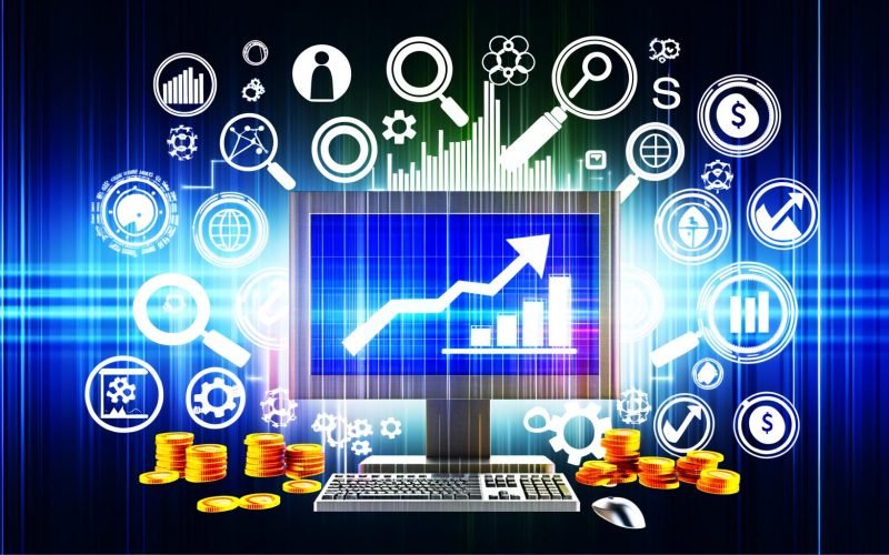 Digitale Illustration eines Monitors mit SEO-Analysen, Suchmaschinen-Logos und Symbolen für wachsendes Online-Geschäft