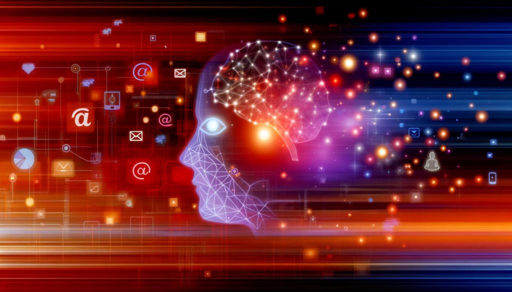 Abstrakte Illustration eines halbtransparenten menschlichen Gesichts mit digitalen Datenströmen und Marketing-Symbolen im Hintergrund