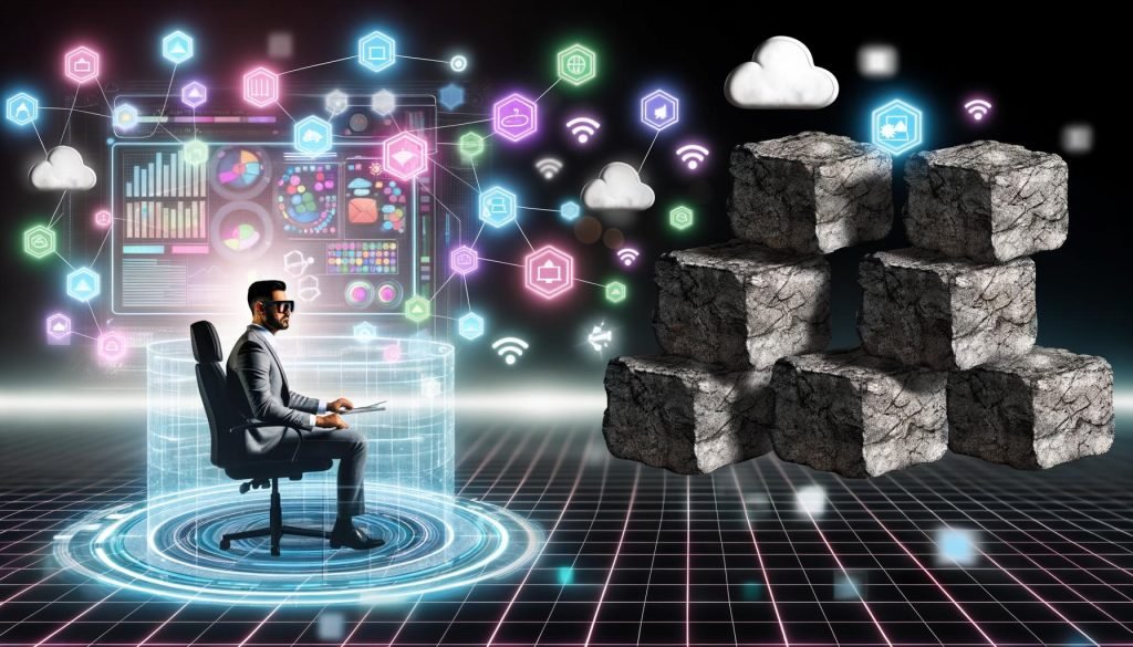 Futuristisches Cockpit mit Marketerin vor holografischen Daten, vernetzten Icons und zerfallenden Monolithen, Cloud-Symbolen und Microservices im digitalen Raum.