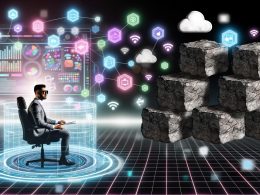 Futuristisches Cockpit mit Marketerin vor holografischen Daten, vernetzten Icons und zerfallenden Monolithen, Cloud-Symbolen und Microservices im digitalen Raum.