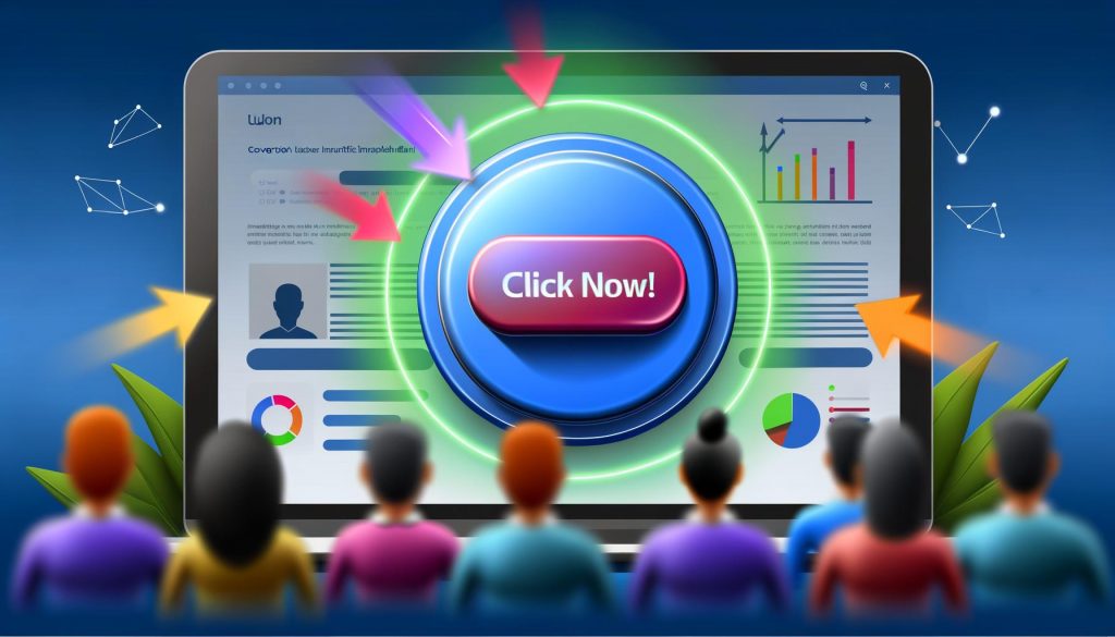 Moderne, kontrastreiche Illustration einer Landingpage auf einem Laptop, zentrales CTA-Button ‚Jetzt klicken!‘, umgeben von Avataren und analytischen Diagrammen im Hintergrund.