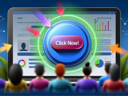 Moderne, kontrastreiche Illustration einer Landingpage auf einem Laptop, zentrales CTA-Button ‚Jetzt klicken!‘, umgeben von Avataren und analytischen Diagrammen im Hintergrund.