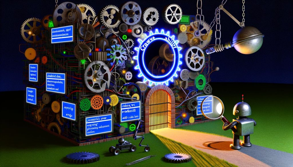 Metaphorische Darstellung einer Website als komplexe Maschine mit offenen Crawlability-Tor. Der Googlebot untersucht den Zugang, während defekte Zahnräder mit Kennzeichnungen wie robots.txt Fehler, JavaScript-Overkill und 404 Links den Weg erschweren.