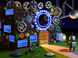 Metaphorische Darstellung einer Website als komplexe Maschine mit offenen Crawlability-Tor. Der Googlebot untersucht den Zugang, während defekte Zahnräder mit Kennzeichnungen wie robots.txt Fehler, JavaScript-Overkill und 404 Links den Weg erschweren.