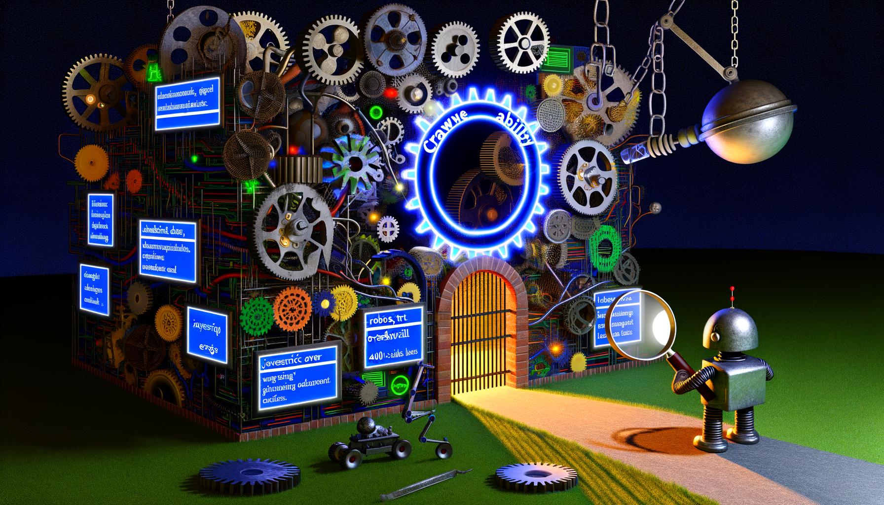 Metaphorische Darstellung einer Website als komplexe Maschine mit offenen Crawlability-Tor. Der Googlebot untersucht den Zugang, während defekte Zahnräder mit Kennzeichnungen wie robots.txt Fehler, JavaScript-Overkill und 404 Links den Weg erschweren.
