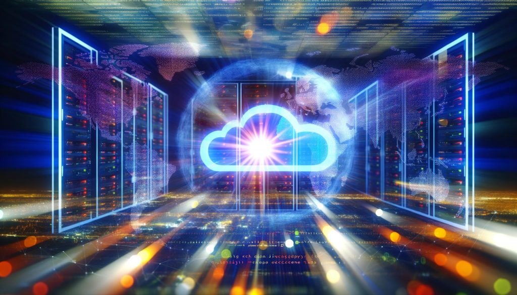Serverraum mit zentralem Edge-Knoten, global vernetzt durch leuchtende Linien zu Städten auf einer Weltkarte, überlagert von Cloudflare-Logo und JavaScript-Code