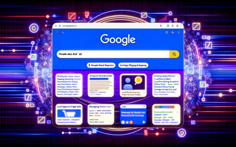 Futuristisch wirkende Google-Suchergebnisseite mit großem Suchfeld, vielfältigen modernen SERP-Elementen und algorithmischen, KI-basierten Designelementen im Hintergrund.