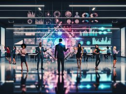 Marketingteam nutzt holografische Datenprojektionen und digitale Dashboards in einem futuristischen, technologiegetriebenen Büro mit Neonbeleuchtung.