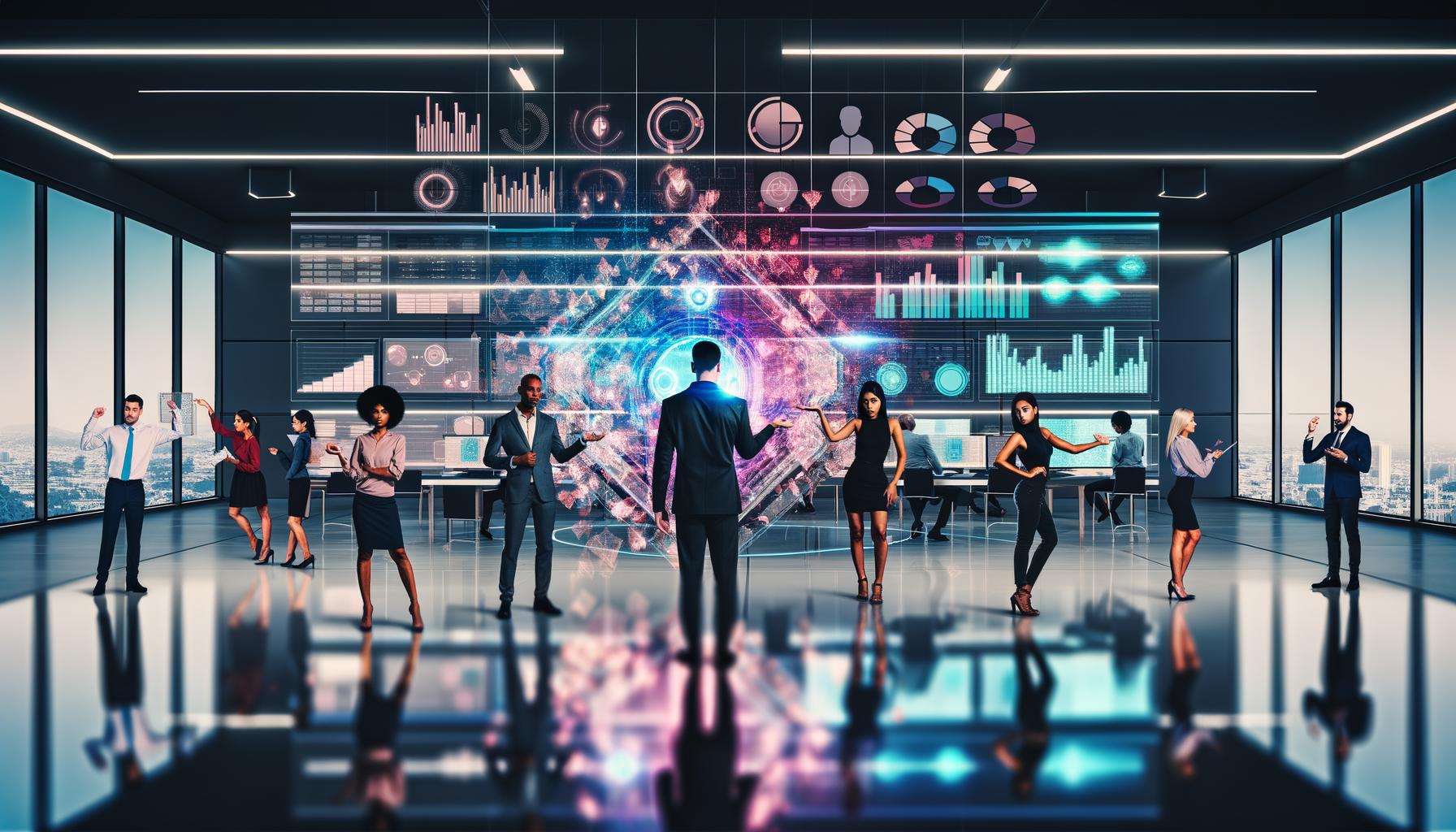 Marketingteam nutzt holografische Datenprojektionen und digitale Dashboards in einem futuristischen, technologiegetriebenen Büro mit Neonbeleuchtung.