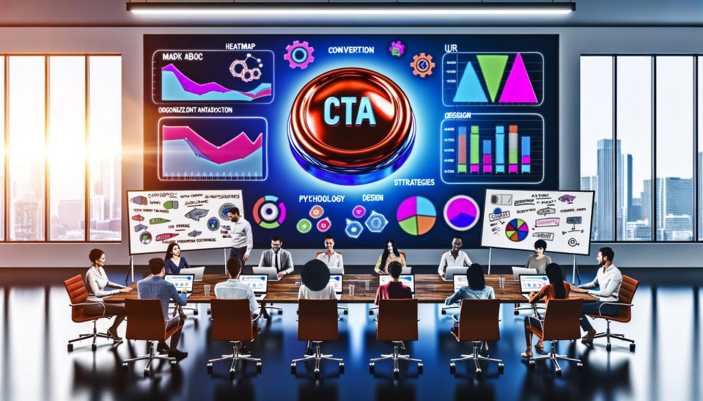 Modernes Marketing-Team an Konferenztisch mit Laptops, Heatmaps, Conversion-Charts, individuellem Call-to-Action-Button und strategischen Whiteboards im futuristischen Büro