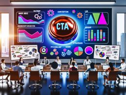 Modernes Marketing-Team an Konferenztisch mit Laptops, Heatmaps, Conversion-Charts, individuellem Call-to-Action-Button und strategischen Whiteboards im futuristischen Büro