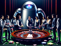 Metaphorisches Casino mit Marketern, die Website-Seiten beim Roulette gegen einen riesigen Googlebot einsetzen, im Hintergrund ein leuchtendes Google-Logo und Seiten, die entweder gewinnen oder ins digitale Nichts verschwinden.