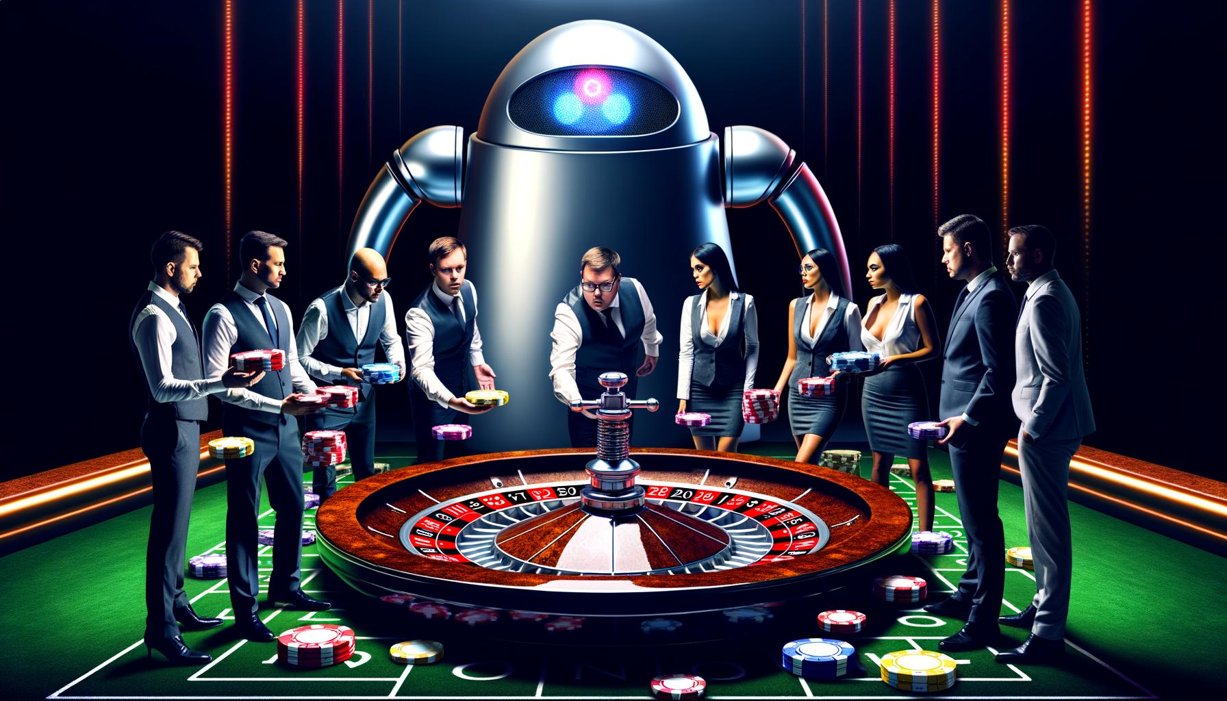 Metaphorisches Casino mit Marketern, die Website-Seiten beim Roulette gegen einen riesigen Googlebot einsetzen, im Hintergrund ein leuchtendes Google-Logo und Seiten, die entweder gewinnen oder ins digitale Nichts verschwinden.