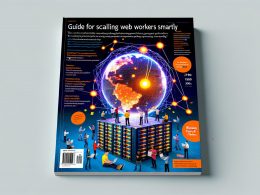 Dynamisches 404 Magazine Cover mit leuchtendem Globus, über 300 Cloudflare Datenzentren, Code-Snippets, JavaScript-Icons und Entwicklern, die Code in die Cloud schicken, vor minimalistischem Tech-Hintergrund in Orange und Blau.