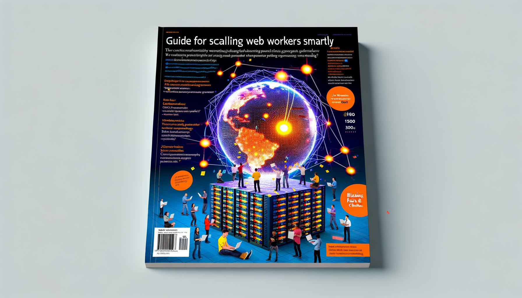 Dynamisches 404 Magazine Cover mit leuchtendem Globus, über 300 Cloudflare Datenzentren, Code-Snippets, JavaScript-Icons und Entwicklern, die Code in die Cloud schicken, vor minimalistischem Tech-Hintergrund in Orange und Blau.