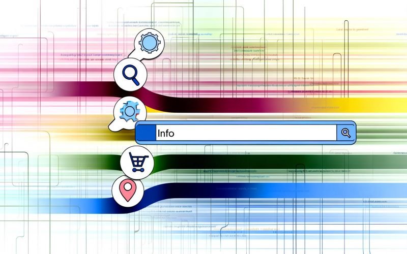 Illustration im Flat-Design: eine Suchleiste im Zentrum, aus der vier bunte Linien zu Symbolen für Informations-, Navigations-, Transaktions- und kommerzielle Suchintention führen; moderner, heller Hintergrund mit Technologie-Elementen.