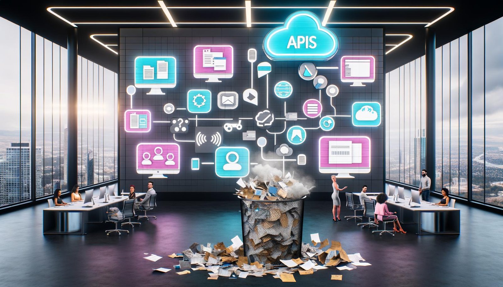 Modernes Marketingteam nutzt digitale Bildschirme und Drag-and-Drop-Oberflächen, um Inhalte effizient über verschiedene Kanäle zu verwalten, während alte Papierdokumente und veraltete Systeme entsorgt werden.