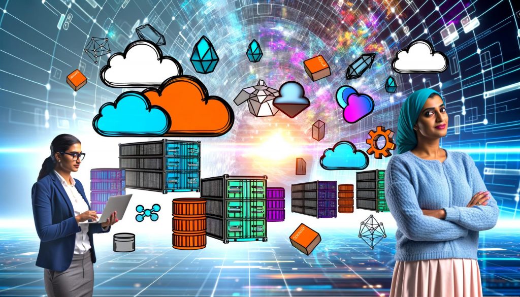 Marketer mit cloudbasiertem Dashboard, Symbole für Kubernetes, Docker und Serverless, Microservices, Netzwerkdiagramme, moderne Cloud-Infrastruktur und Team auf dem Weg zur Cloud Native Transformation im Marketing.