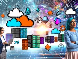 Marketer mit cloudbasiertem Dashboard, Symbole für Kubernetes, Docker und Serverless, Microservices, Netzwerkdiagramme, moderne Cloud-Infrastruktur und Team auf dem Weg zur Cloud Native Transformation im Marketing.