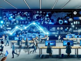 Modernes Büro mit digitalen Dashboards, pulsierenden Statistiken, KI-Symbolen und Mitarbeitern an Laptops im Bereich digitales Marketing.