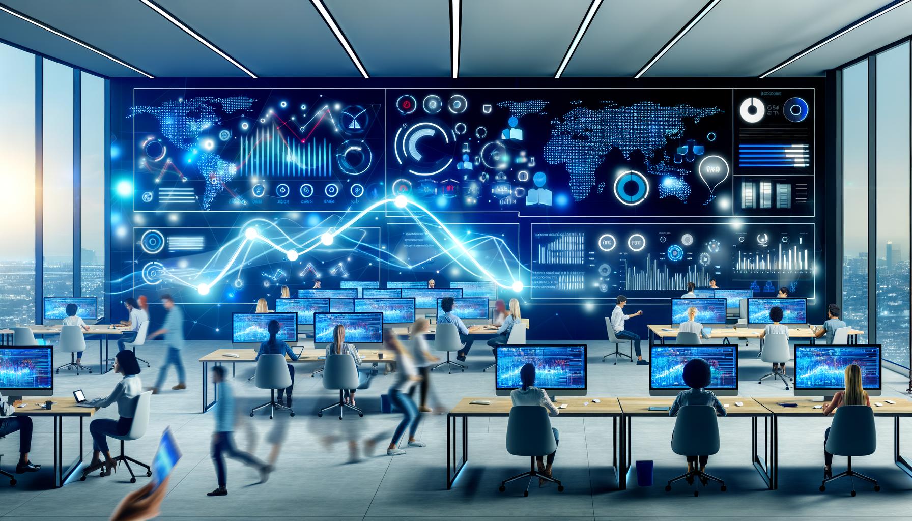 Modernes Büro mit digitalen Dashboards, pulsierenden Statistiken, KI-Symbolen und Mitarbeitern an Laptops im Bereich digitales Marketing.