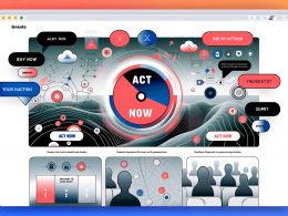 Split-Screen-Website im 2024-Stil mit animiertem Call-to-Action-Button, grauen Standard-Buttons, Datenströmen, Diagrammen, Nutzer auf Laptop und Smartphone sowie Social-Media-Symbolen