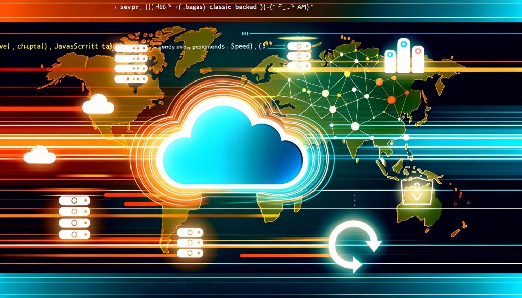 Abstraktes Netzwerk mit Cloudflare-Logo, verbundenen Datenströmen, Code-Snippets und Icons für API, Sicherheit, Geschwindigkeit und Personalisierung vor einer Weltkarte in leuchtenden Farben.