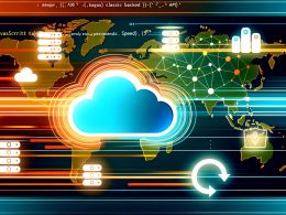 Abstraktes Netzwerk mit Cloudflare-Logo, verbundenen Datenströmen, Code-Snippets und Icons für API, Sicherheit, Geschwindigkeit und Personalisierung vor einer Weltkarte in leuchtenden Farben.